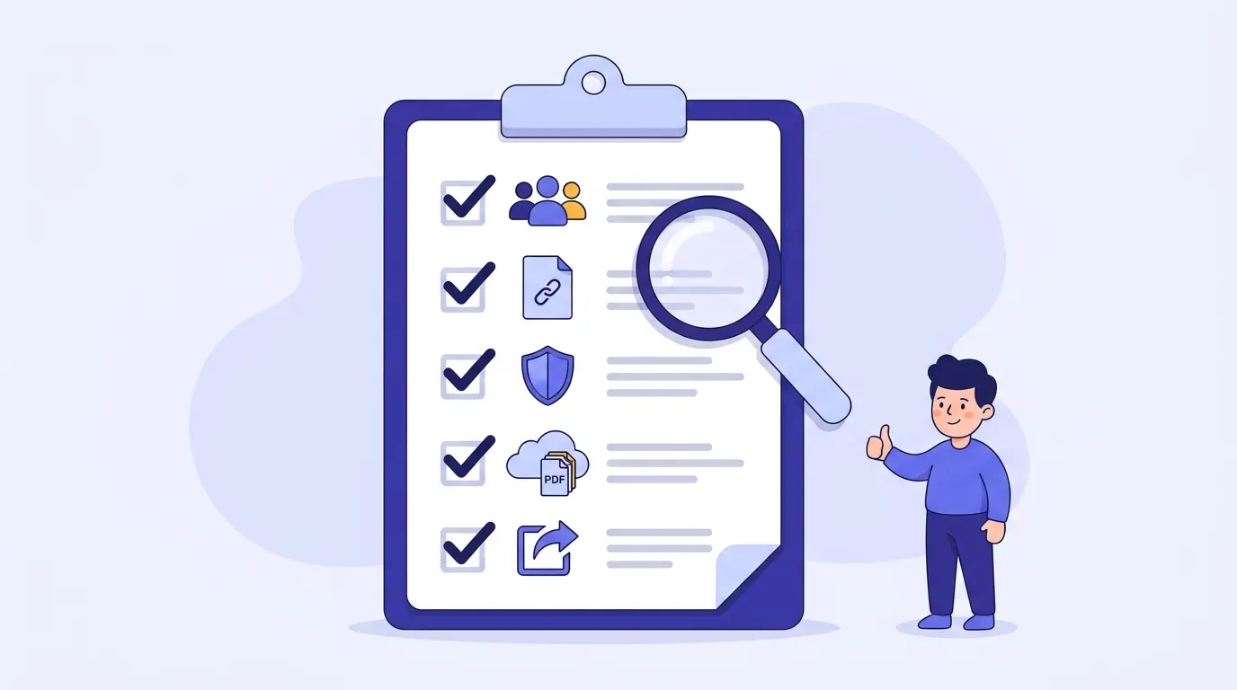 A clipboard checklist with icons for a team, a linked document, a shield, cloud PDF storage and exporting data