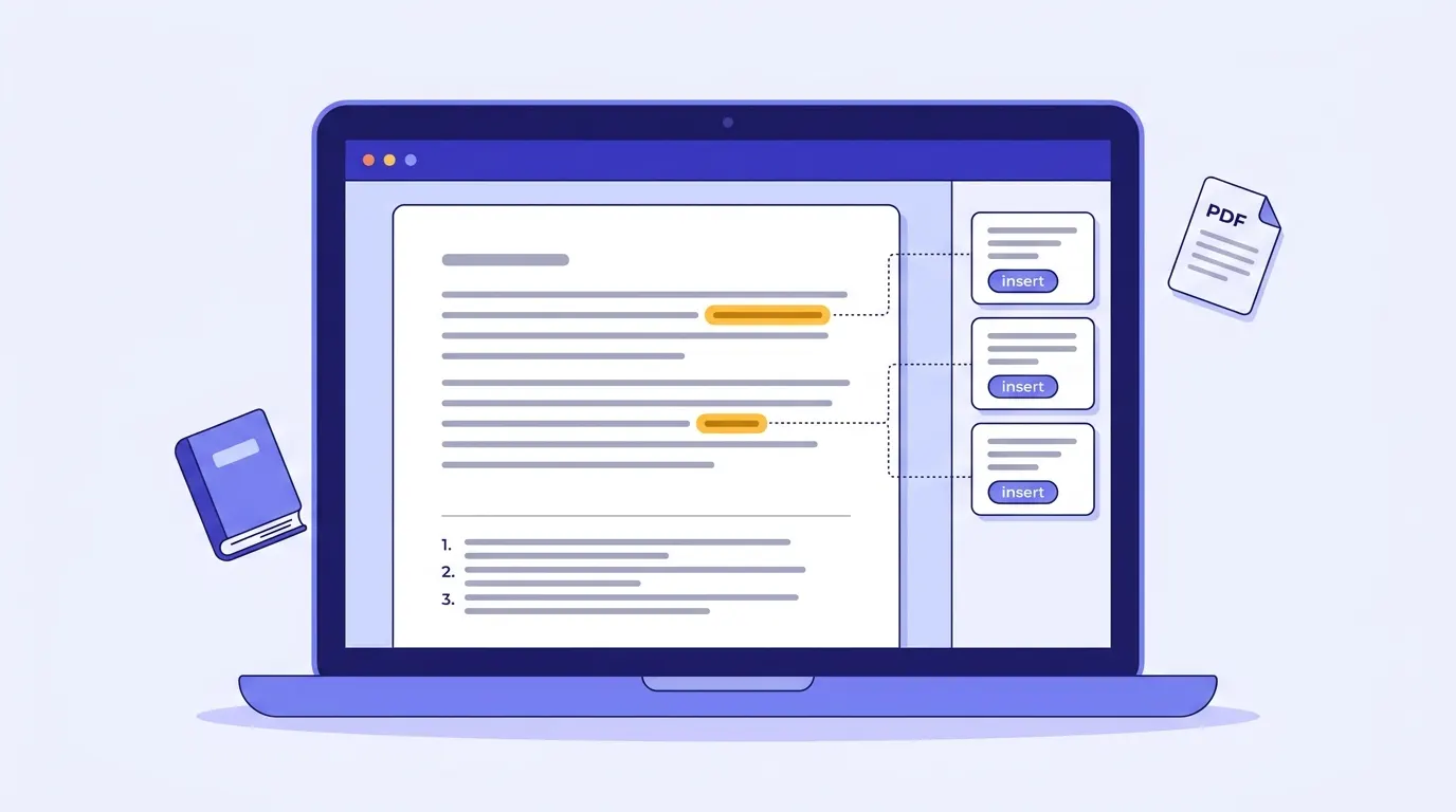 A laptop showing a Word document with highlighted in-text citations linked to reference cards in a side panel