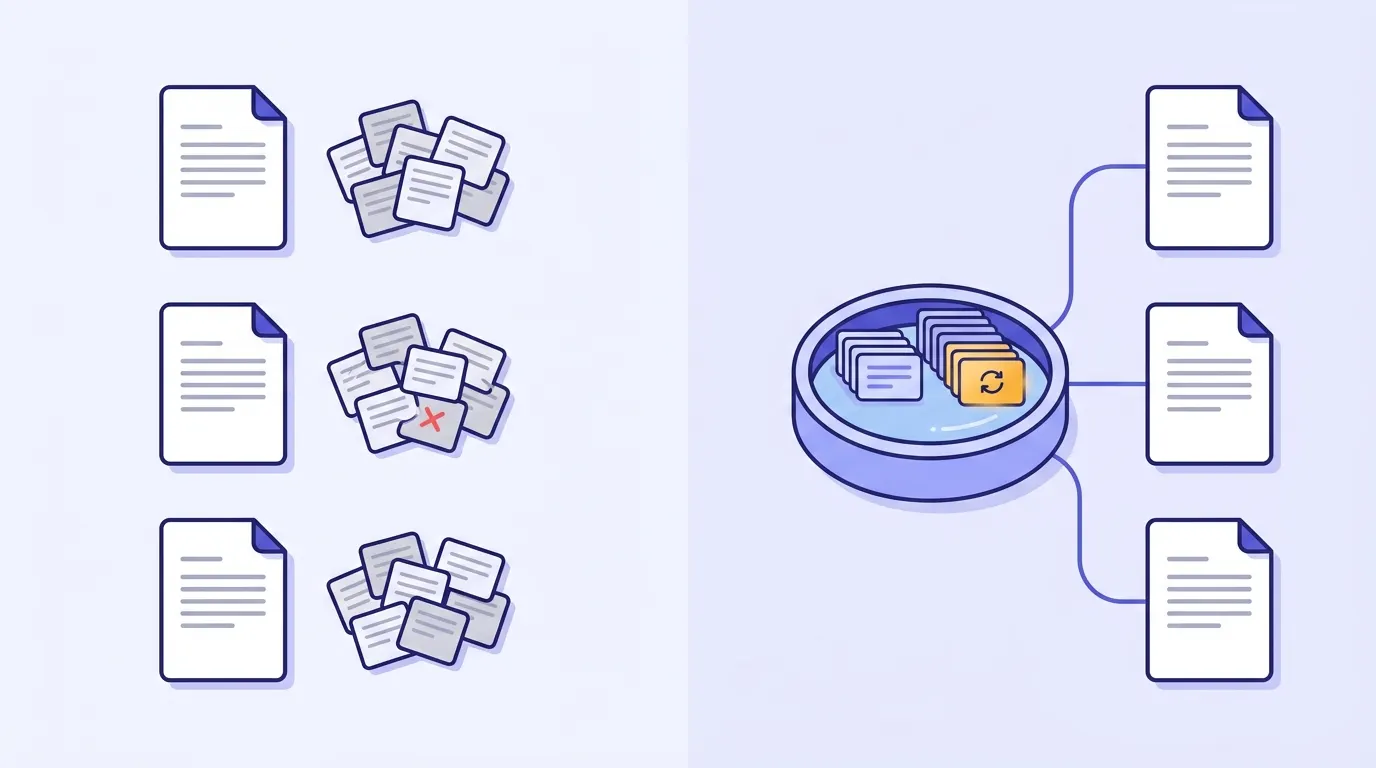 Left: three documents, each with its own messy pile of reference cards, one marked with an error. Right: the same three documents linked to one shared library, where a single corrected card updates them all.